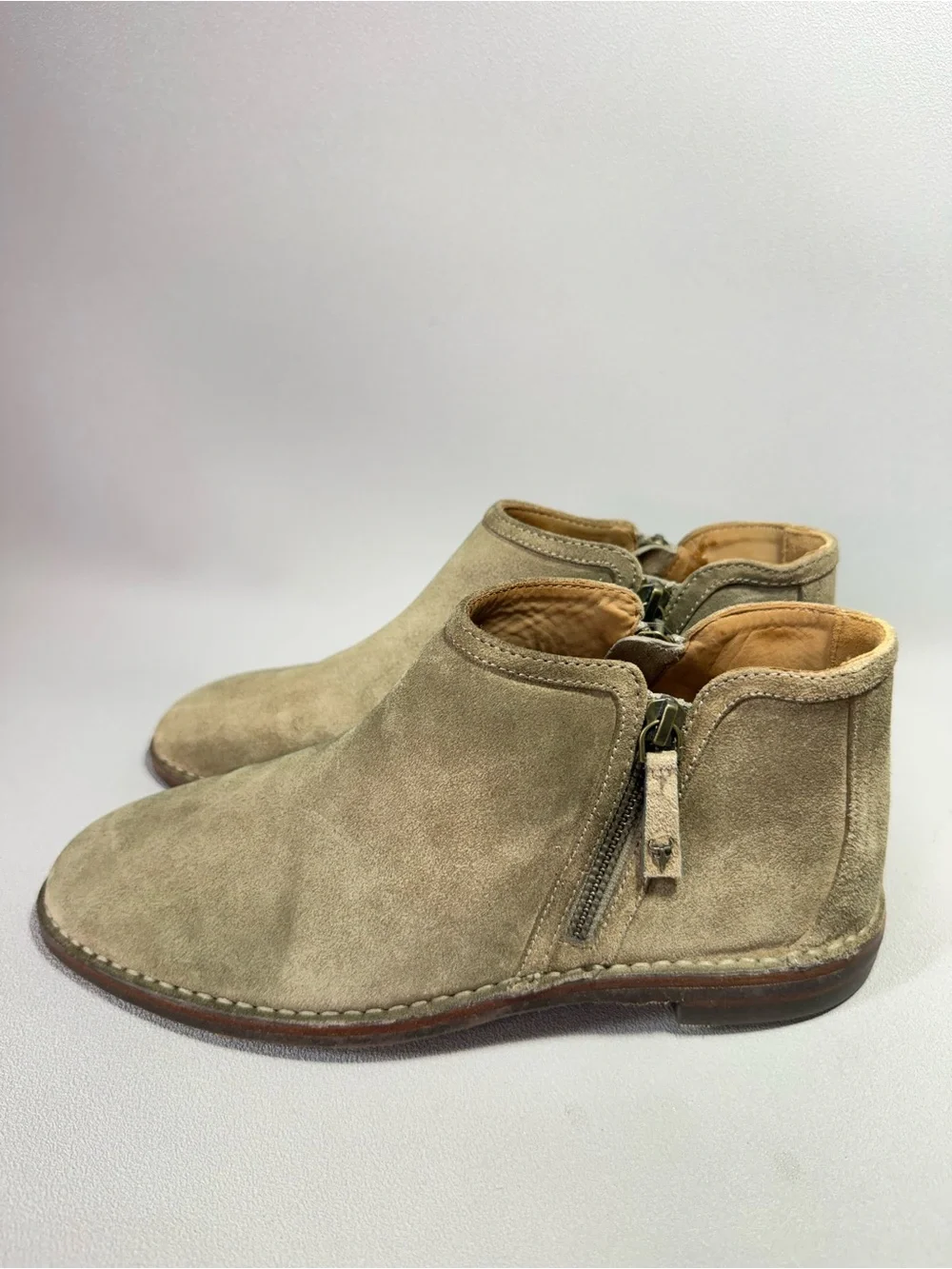 Trask Aubrey Taupe Suede Leather Side-Zip Ankle Boots